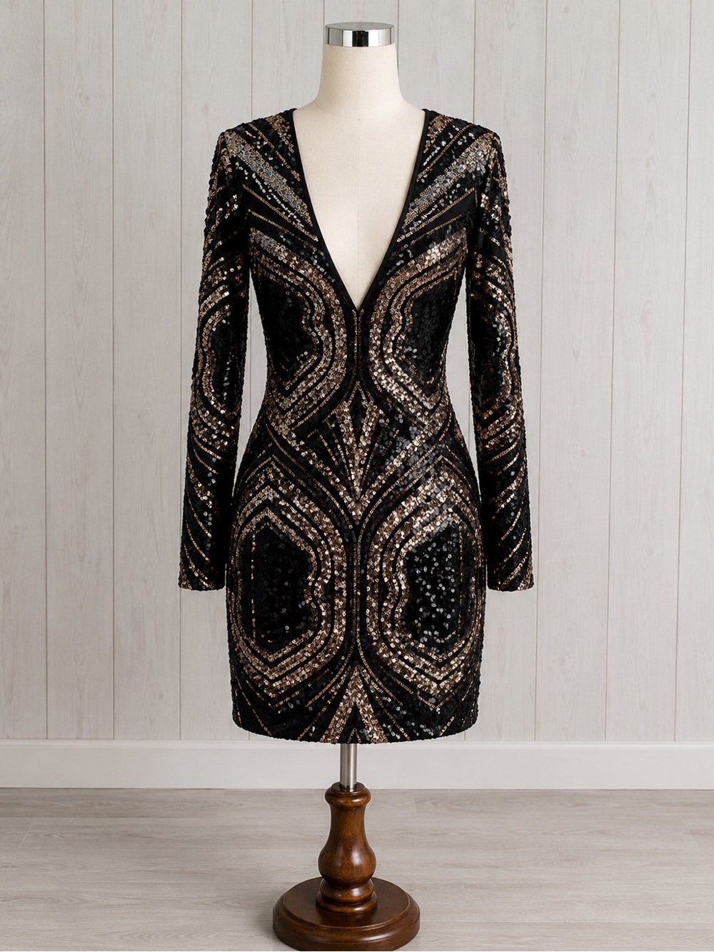 #5 - Express Deep V Black & Gold Sequin V-Neck Long Sleeve Mini Dress